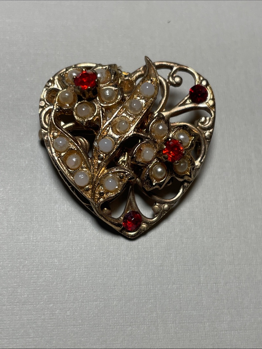 Vintage Openwork Gold Filigree Heart Brooch w Faux Seed Pearls & Red Rhinestones